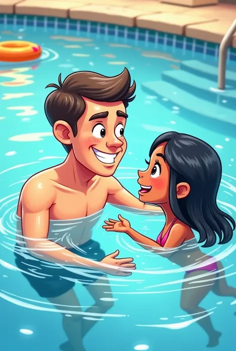 Create cartoon 
Illustration of a 40-year-old man swimming teacher young man with white skin who does not have a mustache he is with his student little mulatto girl with long black straight hair