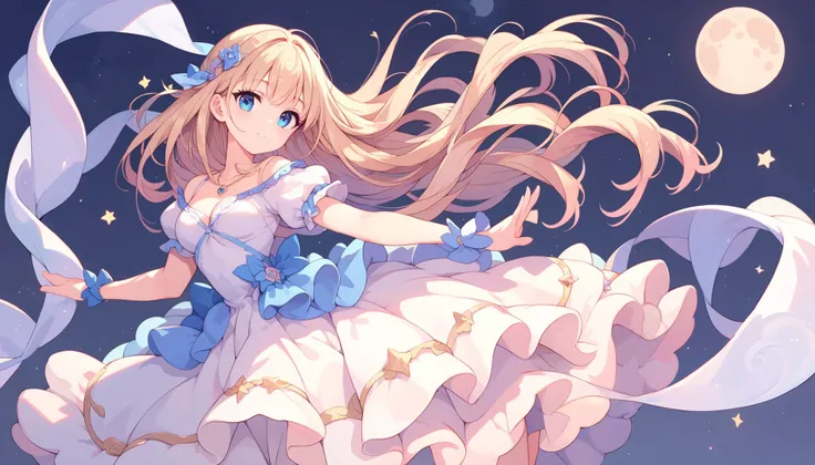 top quality ,Woman dancing graceful dance,cute, dress,moon, starry sky