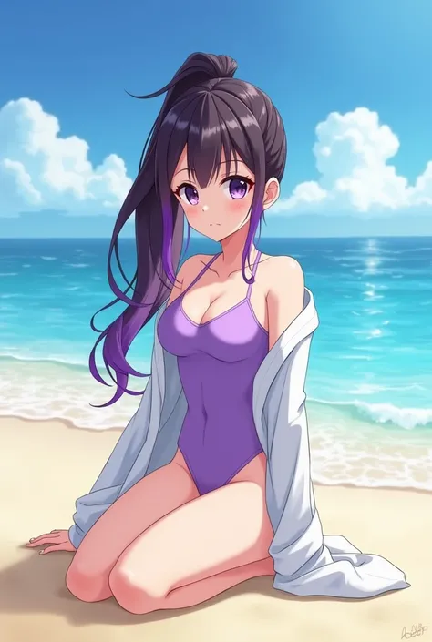  Make the anime-style image of a girl with long hair tied up in a high ponytail, dark brown with a purple gradient that extends to the ends .  She has dark purple eyes ,  bright and deep , with a lost look and go ,  sitting on her knees on the sand of a de...