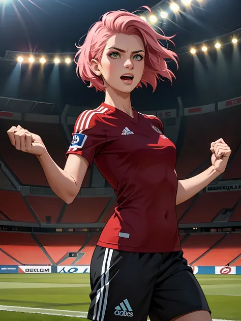 A young woman with short pink hair styled in a sporty cut, wearing a red and black striped soccer jersey inspired by the Flamengo team. She has a confident and energetic pose, holding a soccer ball under one arm. The background features a soccer field with...