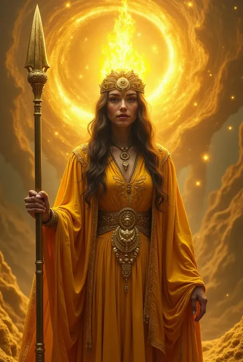  Gypsy woman hyperrealistic indigenous priestess,  with golden yellow dress , with orange cloak ,  with flaming tiara , Holding a golden spear,  yellow galaxy in fungus  