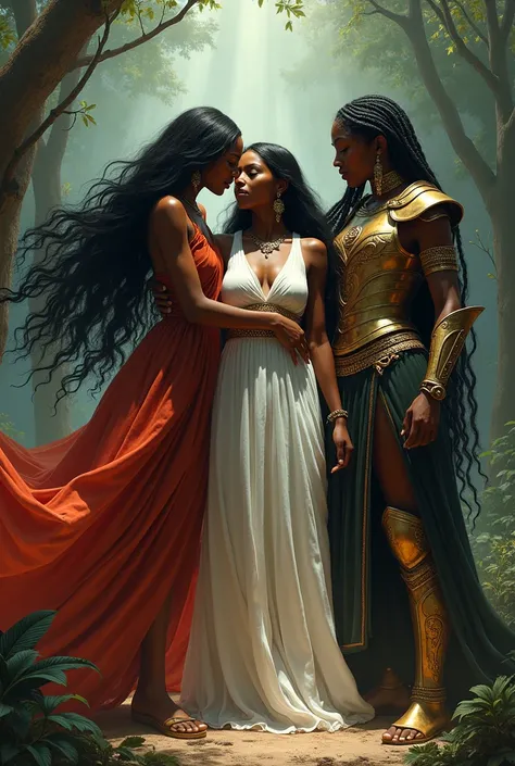 Create an image with a black-haired white woman with Yemanjá hugging her, In the background there is Iansã in a red dress ,  long black hair,  on the other side Ogum with her armor and bravery 