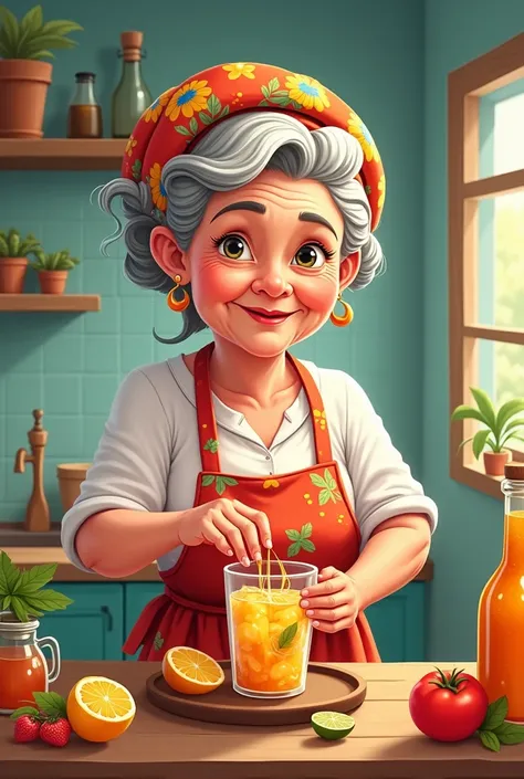 imagen 2d, in cartoon, Of grandmother preparing drink ,  for bottle label with the name Doña Nicar