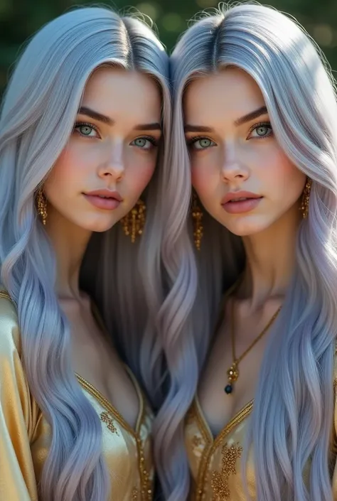  Two twin sisters of dazzling beauty ,  with almost identical characteristics ,  but with subtle differences that make them unique . } Both have long, flowing hair of an indescribable shade ,  a mixture of silver and lavender that seems to glow softly in t...