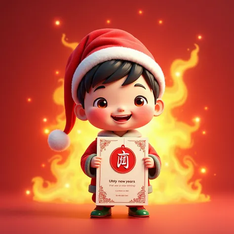 The word “Qin” is written on the business card，New Year Wishes ，red and flaming background， cartoon Christmas boy ，bust