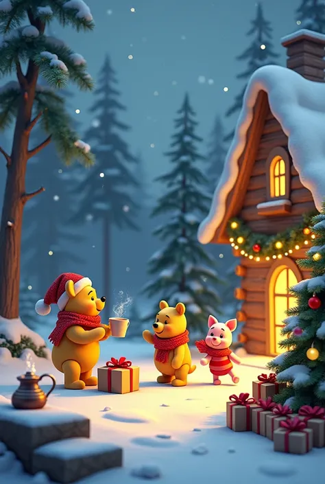 crie uma cena de natal com o ursigrapes  puh, Tigrao , grapes , Piglet characters from Bosque dos Cem Acres