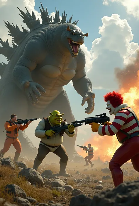 Sherk fighting Clarence with bullets and machine guns and there are very advanced giant robots fighting and also Ronald McDonalds fighting Godzilla with an explosive hamburger launcher 