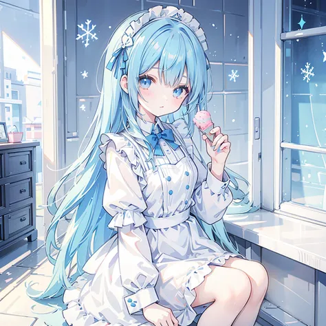 Maid clothes,girl,cute, pastel blue,Blue Hair,cute,Ice cream snowflakes