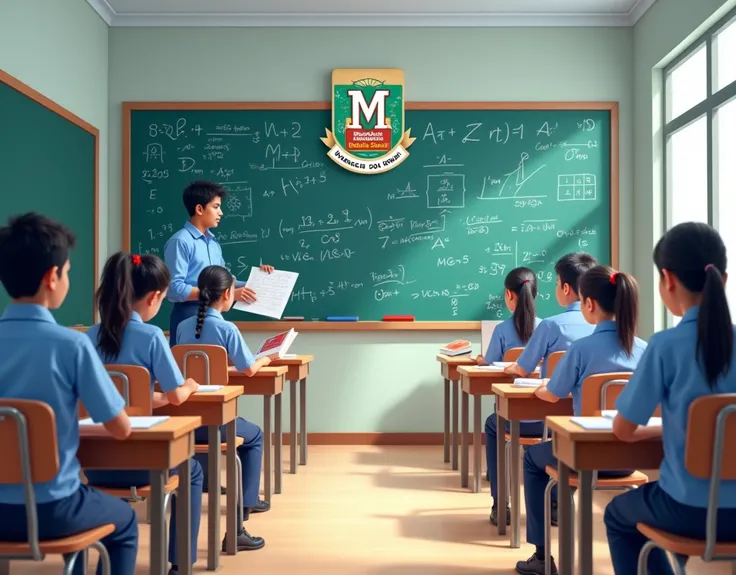 Indian Mathematics Creative poster. Mathematics, practising Indian students at school classroom. In school uniform.. logo on there should capital M. Meridian Public school.