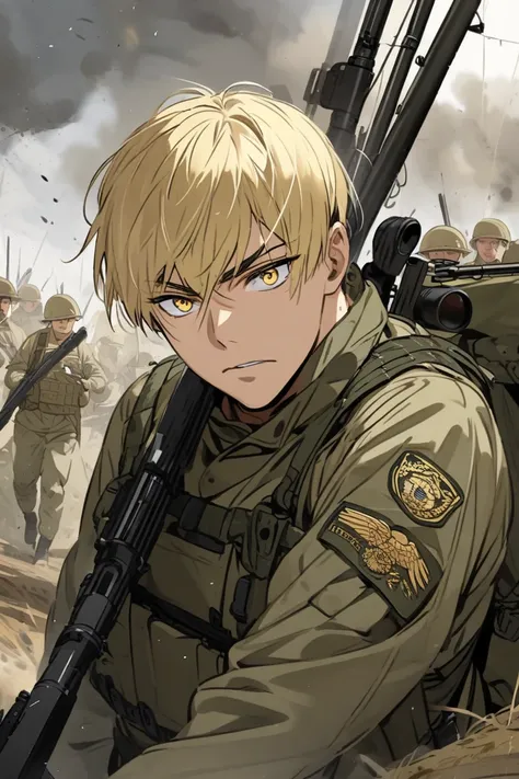 blond hairs, man, short hair, golden eyes, military, army outfit, sniper, war, soldier 
