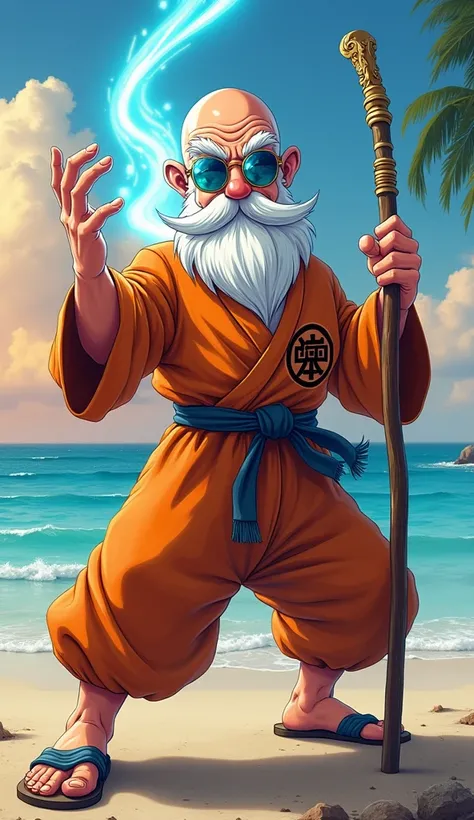 "Create a highly detailed and expressive image of Master Roshi (Mestre Kame) from Dragon Ball, capturing his wisdom, eccentric personality, and formidable power despite his age. He is depicted as an elderly man with a bald head, a long white beard, and sun...