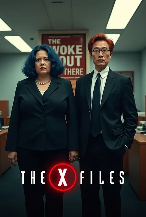 Fat blue haired Karen with Red haired short Asian guy in FBI office with poster that reads, The Woke is out there X Files realistic movie poster style with X Files logo in front 