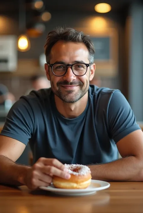 there is a man with glasses sitting at a table with a donut, about 3 , david rios ferreira, 38 years old, 3 , 3 , (38 years old), 3 , 35 years old, he is! about 3 0 years old, andres rios, he is about 4 0 years old