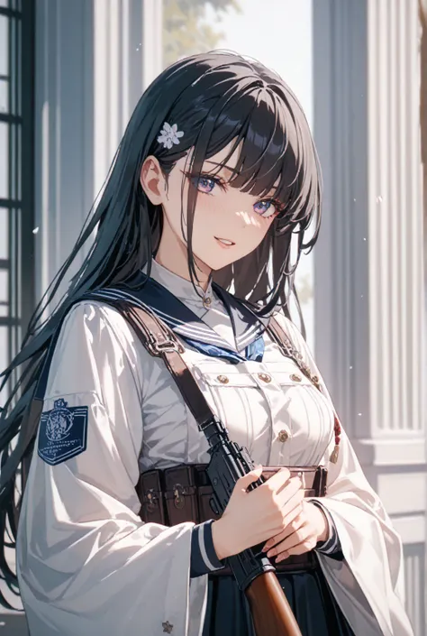 デフォルメ　With anime characters、girl with long black hair。 wearing a short-sleeved sailor suit 、 hk417 battle rifle, 、 eotec optics mounting plate carrier is also attached。 tamago cloth 、 anatomically accurate。Standing on a white prairie 、 equipped with a high...