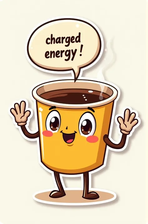  Draw a cartoon-style sticker of a stylized coffee cup with arms and legs,  looking full of energy , Saying charged energy !in a bubble saying .