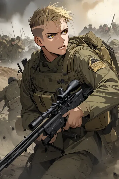 blond hairs, man, short hair, golden eyes, military, army outfit, sniper, war, soldier, undercut 
