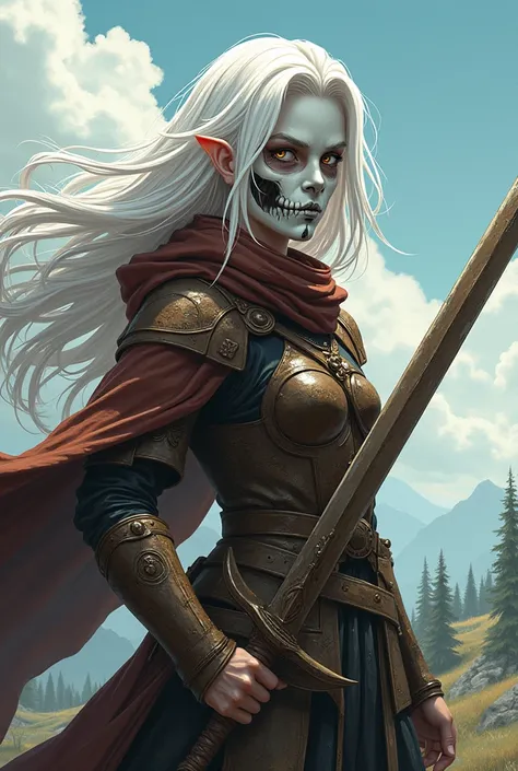 Anime style. Female. Pale white skin. Brown medieval armor. White hair. Half of her face is a skull. Disciplined personality. Holding a brown sword. 