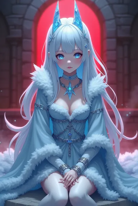 Pretty humanoid captured anime princess, Icy skin, icy hair, crystal eyes, comfortable sized ice armor gown, ice-inspired long coat. High cheekbones, expressive eyes, long flowing hair, snow skirt. 4k high resolution, high quality, hyper anime, unique pret...