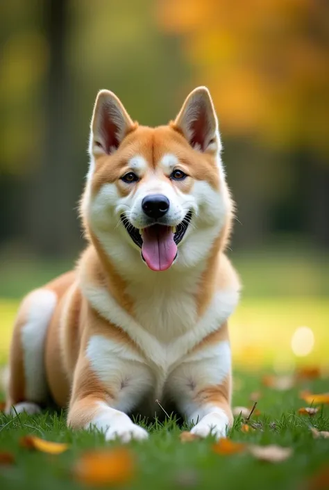 An American Akita dog in a park with trees