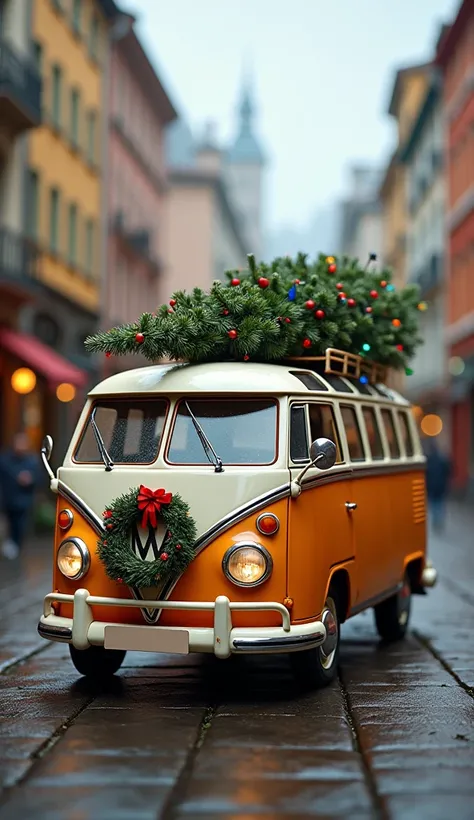 Volkswagen Bus、 Christmas tree on the side 、Nice city 、 blur the background、 real、 professional photos 