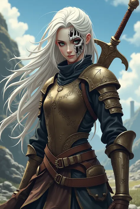 Anime style. Female. Pale white skin. Brown medieval armor. White hair. Half of her face is a skull. Disciplined personality. Holding a brown sword. 