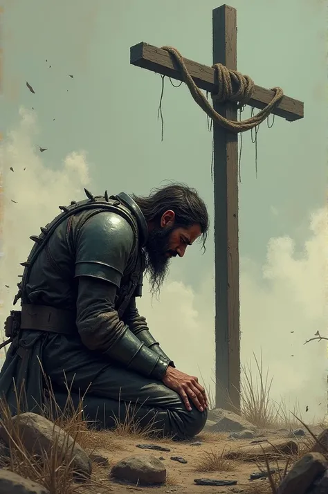 A weeping soldier prostrated before the Cross with his undone armor