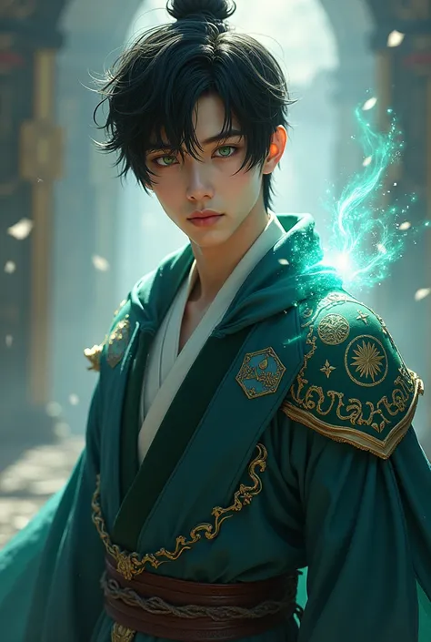 Create a young man of Korean nationality tall with fine features and handsome green and blue eyes dark and short hair dressed as a sorcerer and warrior 