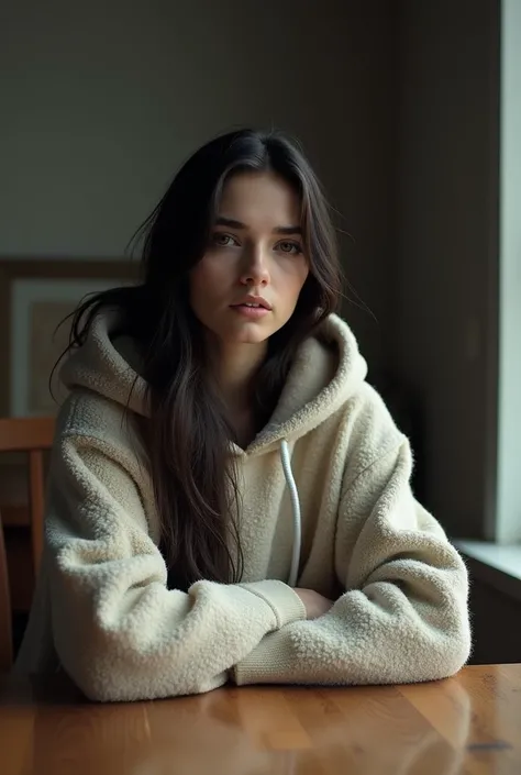 A white Turkish girl with black hair sitting at a table wearing a winter hoodie and pants 