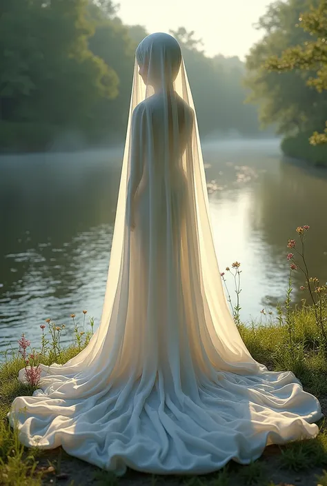 Long silky heavenly scarf on the riverside along with folded woman clothes. Nohuman