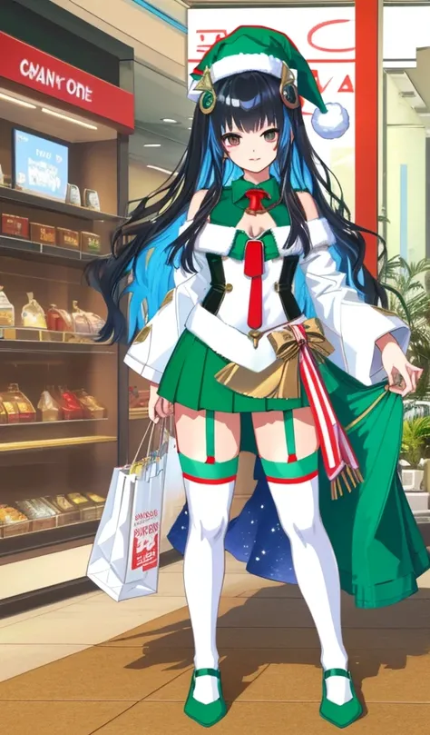 clothes:Tube tops Miniskirt Santa,((Green knee socks with garter belt)),place:Shopping mall,Standing posture,((Anatomically correct)),((Highest quality)),((High resolution)),Perfectly Shaped Body,Five fingertips,Sharp coloring,Shiny skin,((Character:One Pe...