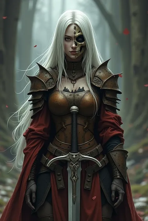 Anime style. Female. Pale white skin. Brown medieval armor. White hair. Half of her face is a skull. Holding a brown sword. 