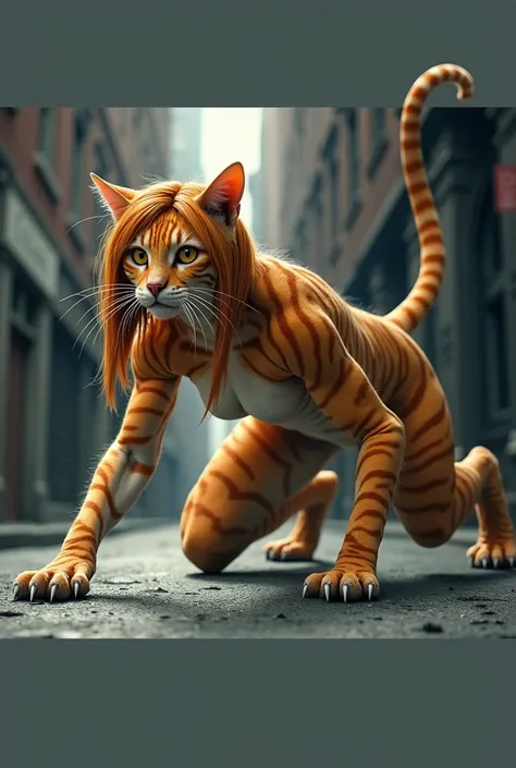 A realistic depiction of a cat-human hybrid with a more human-like figure. She has a human face with long orange hair toned limbs, smooth curves, and feline traits such as pointed cat ears, slitted amber eyes, and a small feline nose. Her skin is covered i...