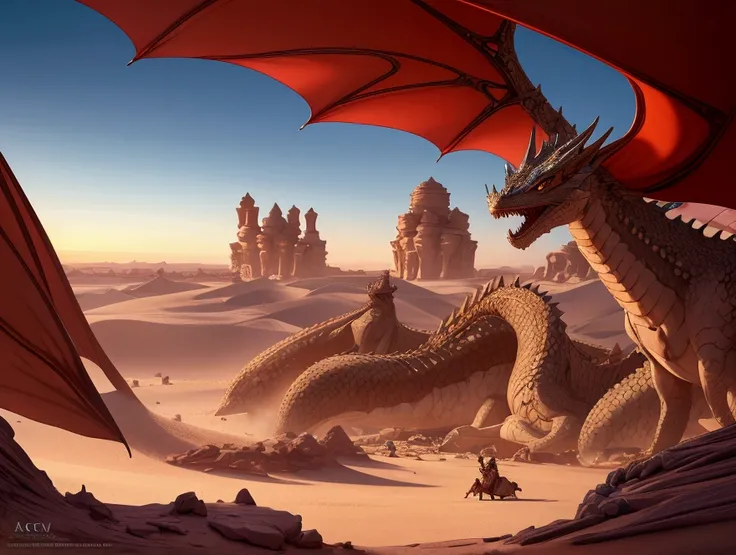 queen of the desert with dragons in the background, ultrawide angle, fantasy art illustration, highly detailed 4k
