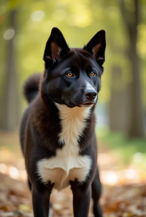 A dark brown American Akita dog with white parts in a park with trees