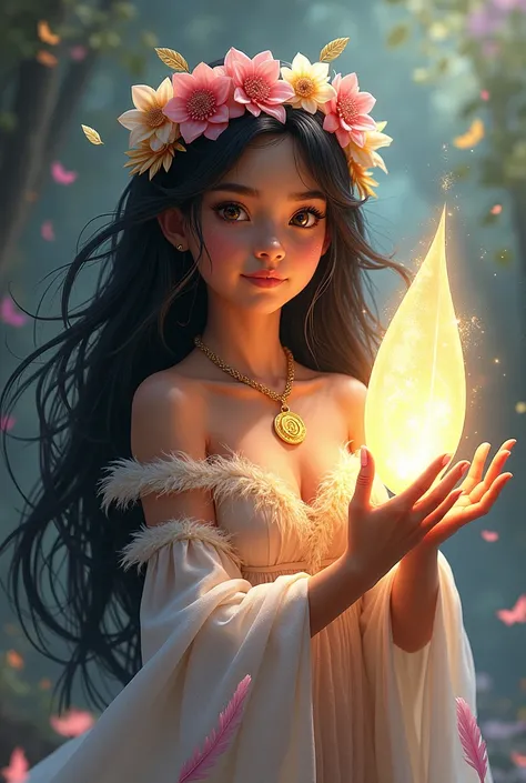  Mixed race girl    , long black hairs  ,  dressed with multicolored feathers    ,   flower crown in his hand a gold ring with a symbol  ,     on the other hand a large shield of light  , and gold medallion 