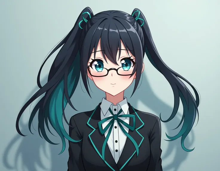 Ie a character in the anime Dan da Dan with black and teal hair tied at the ends of long-haired glasses and] Full but with a single ponytail wearing a uniform