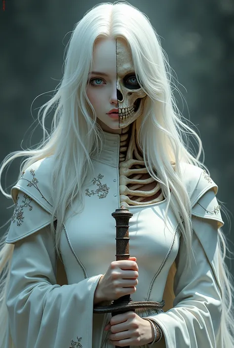 Anime style. Female. Pale white skin. White medieval armor. White hair. Half of her face is a skull. Holding a brown sword. 