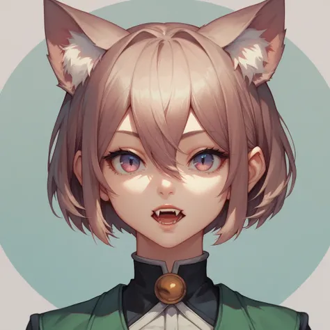 kemonomimi, headshot, commission, showing teeth, fangs, open mouth, short hair, 1girl, cute, expressionles, hair between eyes, anime_source, bob cut, long bangs, cat ears, long ears, ears down, three quarter angle, slightly from above,head tilted down, fac...