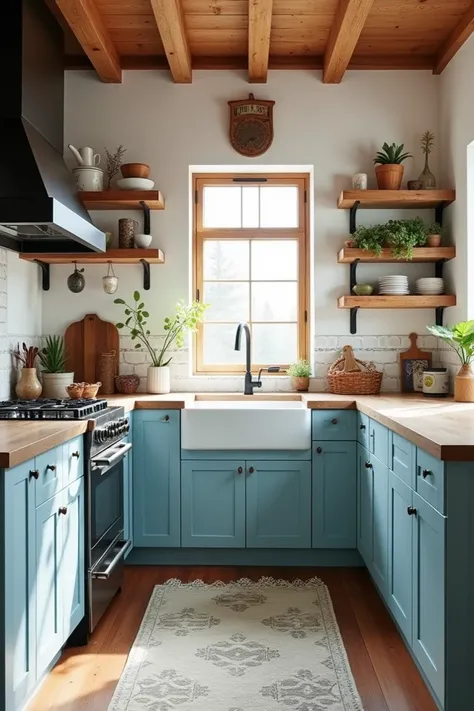 Bohemia style kitchen in the colors white ,  black and with wooden details with the cabinets in the color light blue