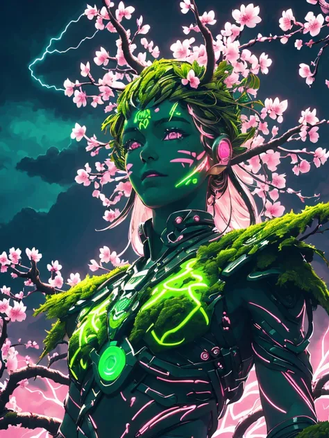 Plant Maiden，metal leaf，Wired branch，glowing light eyes，mechanical bark，bark covered with moss，tribe outfit，majestic figure，(ancient tribal markings)，Control the tendrils extending from the arms，Neon lights dance on the body，(Lightning around branches and ...