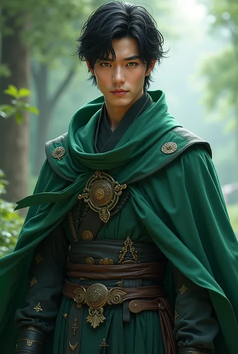 A tall man of Korean nationality,  with fine features and a captivating beauty .  His eyes are deep green ,  that contrast with his dark and short hair ,  slightly messy ,  that gives him a carefree but mysterious air .  He wears a combination of sorcerer ...