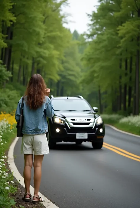 Take a photo of a beautiful tourist woman standing in front of a black Isuzu V-Cross 4*4 on a curved road similar to the example given, looking towards the camera, highlighting the curved asphalt surrounded by green trees. Add white, yellow, and purple flo...