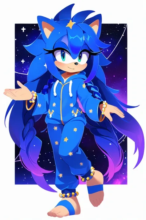 Sonic oc, Mobian, female, sonic the hedgehog but female, Cosmic hedgehog, A beautiful light blue hedgehog, purplish blue eyes, very long hair/quills, braided and beaded long hair bangs, long streaks of hair on each side of her face, (star constellation on ...