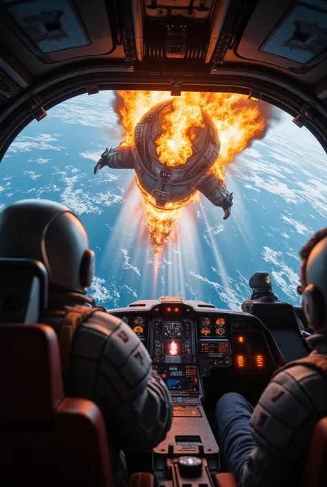  image from inside the Cockpit of a science-fiction spaceship with 2 astronauts piloting, The front of the ship is burning and through the front window you can see the Earths blue atmosphere