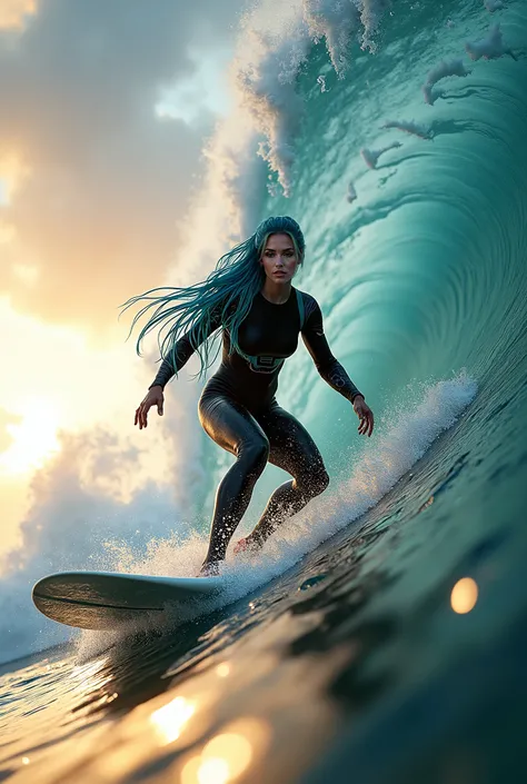  An athletic woman ,  long hair, blue and wet ,  surfing a colossal wave at sunset .  She wears black neoprene clothing with futuristic touches ,  she is in a dynamic and realistic posture on the board ,  controlling the wave with precision .  Her expressi...