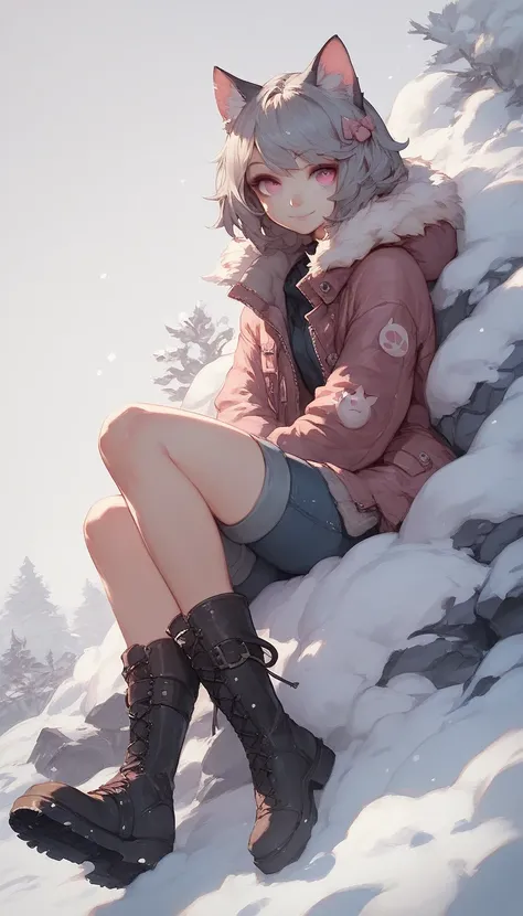  simple background,  high contrast, snow，smile，Cat ear girl，Grey Hair, pink eye,Check the muffler, comments, boots,  women in their 20s  