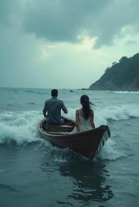 A man and woman sharing a wooden boat in the middle of wide sea with visible seashore. They both struggling in big waves, winds and Rains.  Please make it more dramatic as if it is like a poem cover photo make it like artistic