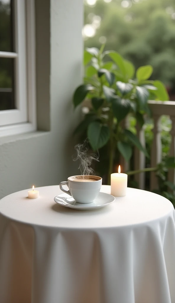  an ultra realistic photo of a table , with an extended white fabric,  and on top of it there is a smoking cup of coffee and a burning white candle . The place is a simple house ,  this table is on the porch with the wall of the house on one side and on th...