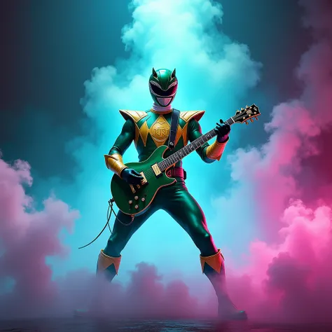 Green Power Ranger with his gold chest holding an electric guitar surrounded by smoke and neon blue and magenta lights.