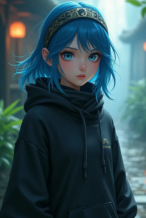    a girl with blue hair up to her shoulders and blue eyes a ninja from Aldeia da Folha,She wears a black sweatshirt she wears a headband from Aldeia da Folha around her neck  